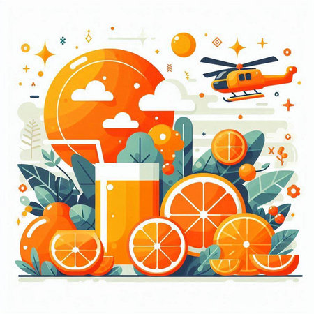 Orange juice with flying helicopter. Vector illustration in flat cartoon style.のイラスト素材