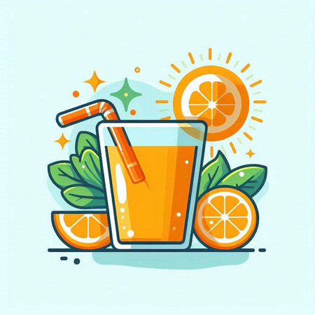 Orange juice in a glass with straw and slices of orange. Vector illustration.のイラスト素材