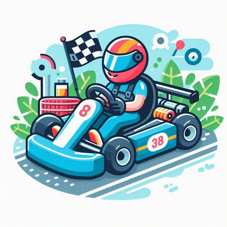 Cartoon kart driver on the race track. Vector illustration.のイラスト素材