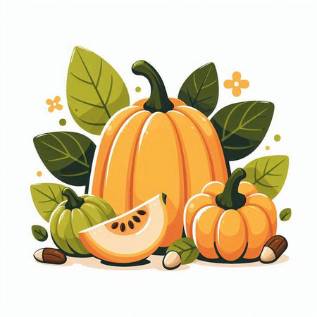 Pumpkin and squash on a white background. Vector illustration.のイラスト素材