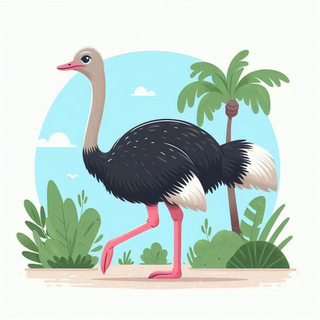 Ostrich on the beach. Cute cartoon vector illustration.のイラスト素材