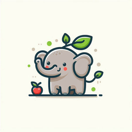 Cute elephant with apple. Vector illustration in flat cartoon style.のイラスト素材