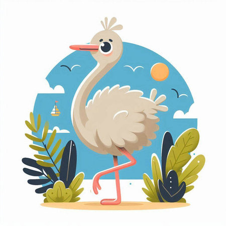 Cute ostrich on the background of the sea. Vector illustrationのイラスト素材