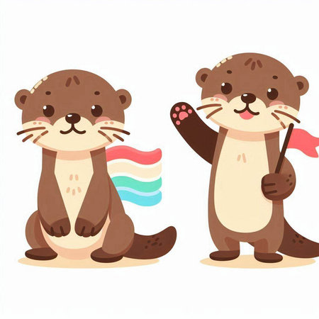 Cute otters holding a rainbow flag. Cartoon vector illustration.のイラスト素材