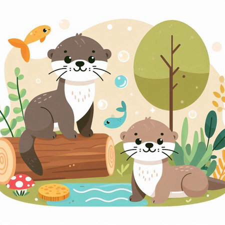 Cute otters and fish in the forest. Vector illustration.のイラスト素材