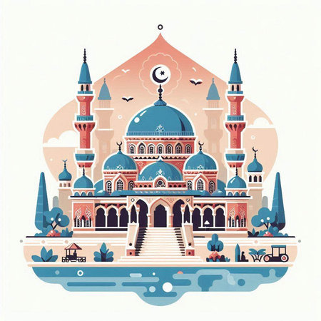 Vector illustration of mosque in flat style. Ramadan Kareem greeting card.のイラスト素材