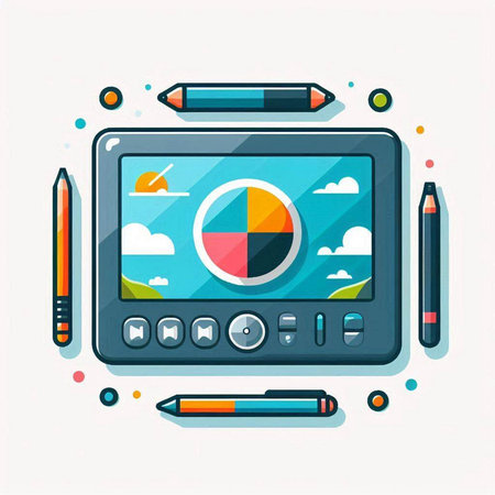 Illustration of graphic tablet with color pencils. Flat design.のイラスト素材