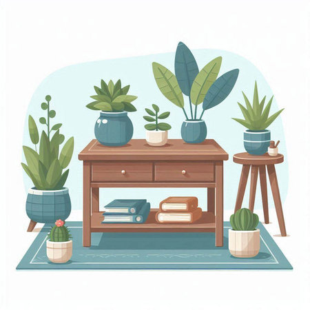 Living room interior with furniture and plants. Flat style vector illustration.のイラスト素材