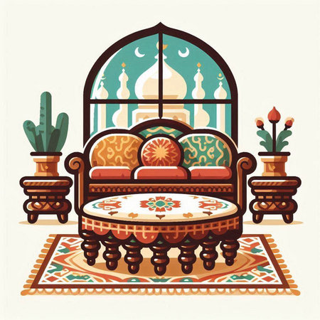 Interior design of living room with arabic furniture. Vector illustrationのイラスト素材