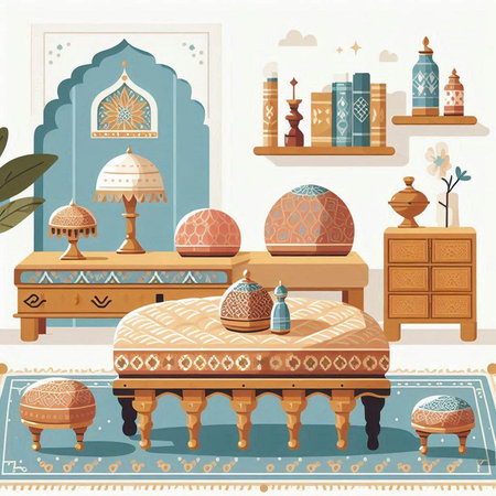 Interior of the living room in oriental style. Vector illustrationのイラスト素材