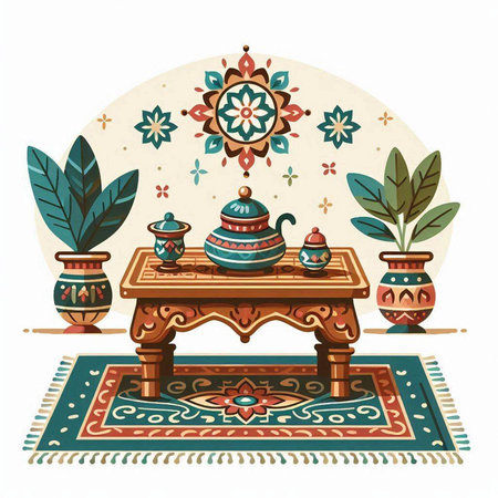 Vector illustration of a tea table with teapot and cups.のイラスト素材