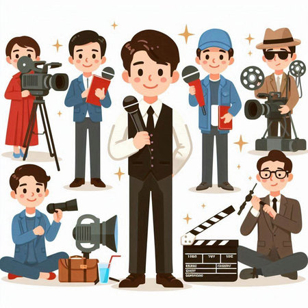 Cinema set with cameraman and actors, vector illustration.のイラスト素材