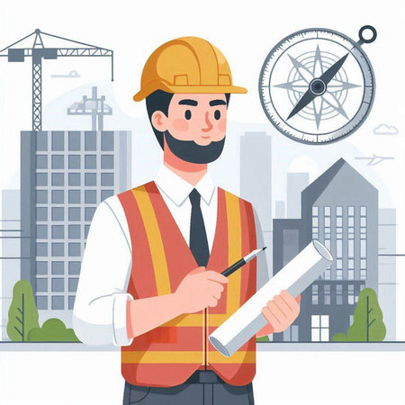 Architect or engineer working on construction site. Vector illustration in flat styleのイラスト素材