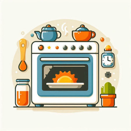 Kitchen stove with cooking utensils. Flat style vector illustration.のイラスト素材