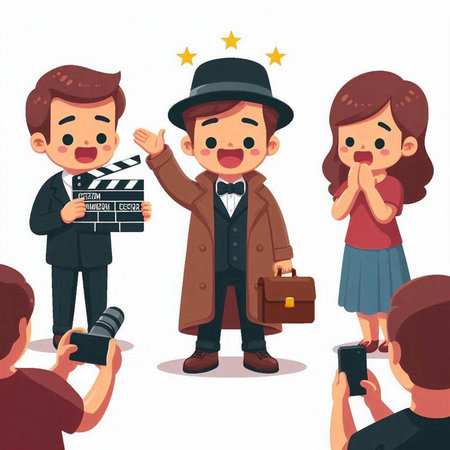 Cartoon detective with clapperboard and camera. Vector illustration.のイラスト素材