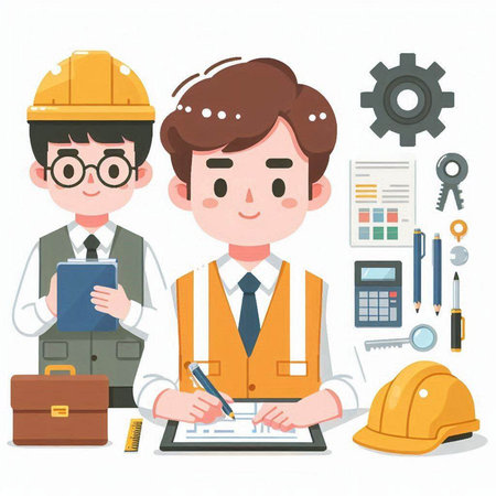 Construction worker and engineer working in the office. Vector flat illustration.のイラスト素材