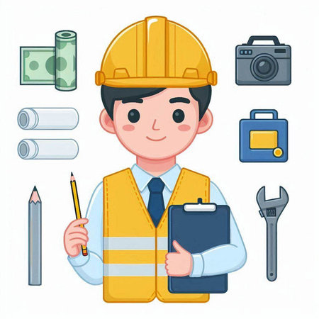 Construction worker. Vector illustration. Isolated on a white background.のイラスト素材