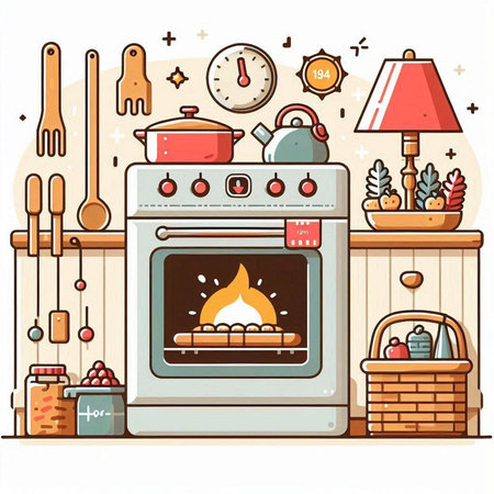 Kitchen stove and kitchen utensils. Flat vector illustration.のイラスト素材