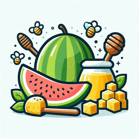 Watermelon, honey and honeycombs. Vector illustration in cartoon style.のイラスト素材