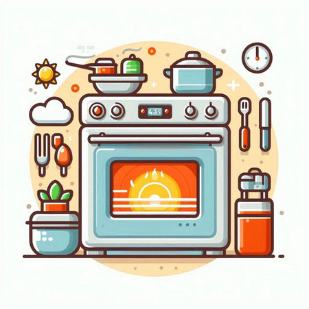 Kitchen stove with utensils. Vector illustration in flat styleのイラスト素材