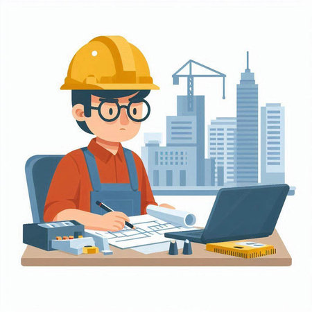 Engineer working on construction site. Vector illustration in flat style.のイラスト素材