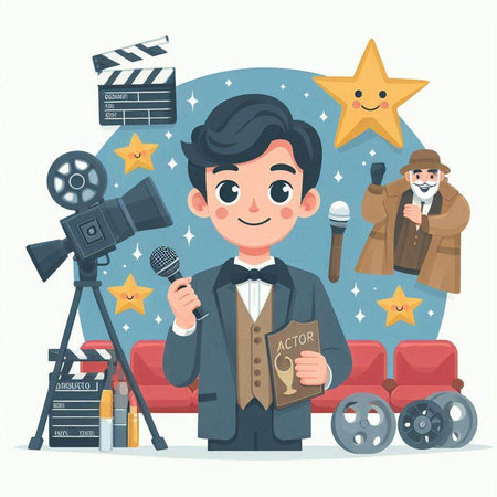 Cinema director with camera. Vector illustration in a flat styleのイラスト素材