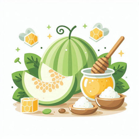 Melon, honey, honeycombs and green leaves. Vector illustration.のイラスト素材