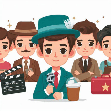 Cartoon man in hat with movie clapper. Vector illustration.のイラスト素材