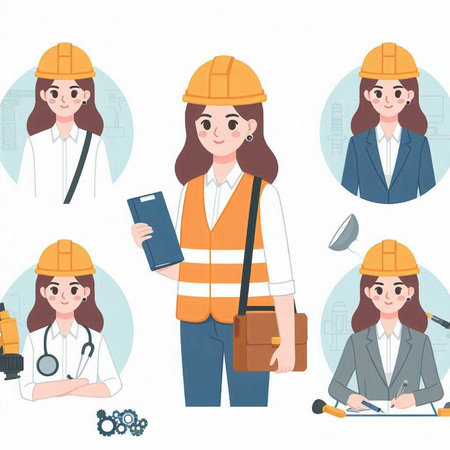 Female construction worker character vector illustration set. Cartoon female construction worker, architect, engineer, builder, architect, engineer, constructor, engineer.のイラスト素材