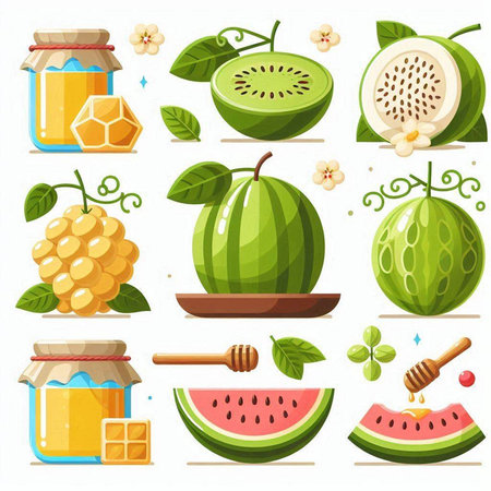 Set of vector icons of watermelons, honey, fruits and berries.のイラスト素材