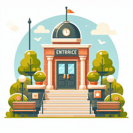 Entrance to the university building. Vector illustration in flat style.のイラスト素材