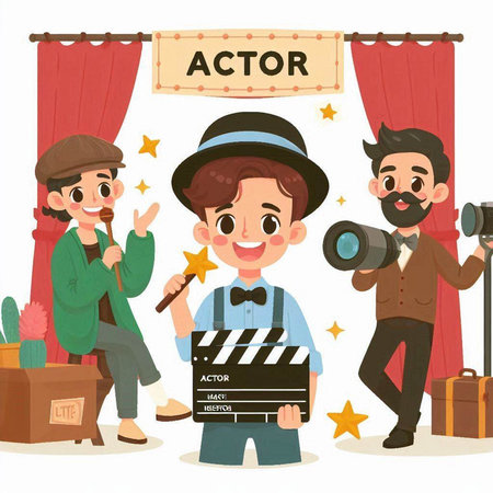 Vector illustration of a movie actors on stage with clapperboard.のイラスト素材