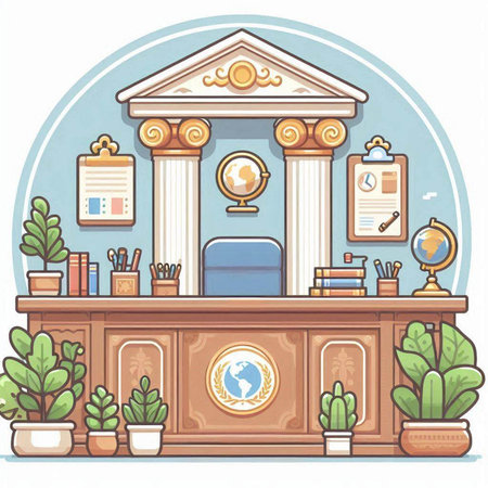 Flat design illustration of an office reception desk with a lot of items.のイラスト素材