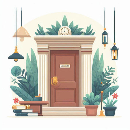 Vector illustration of the entrance to the house with wooden doors, lamps, books and plantsのイラスト素材