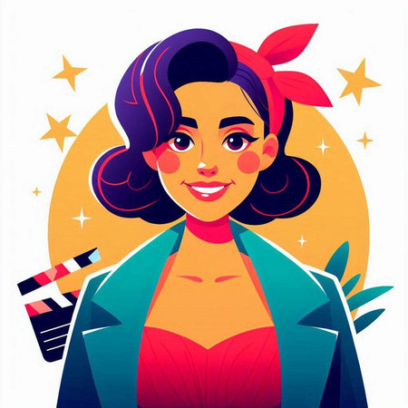 Portrait of a beautiful woman with a movie clapper. Vector illustration.のイラスト素材