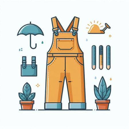 Dungarees and gardening tools. Vector illustration in thin line style.のイラスト素材