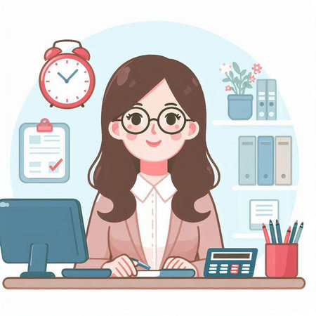 Young business woman working in office. Vector illustration in flat style.のイラスト素材
