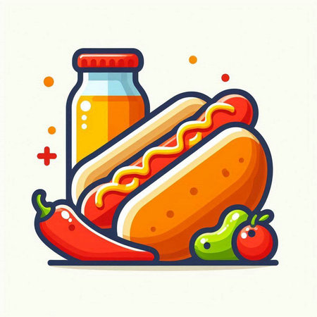 Hot dog and chili pepper. Fast food vector illustration in flat style.のイラスト素材
