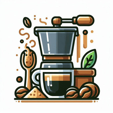 Coffee vector illustration. Coffee beans, ground coffee, coffee grinder and spoon.のイラスト素材
