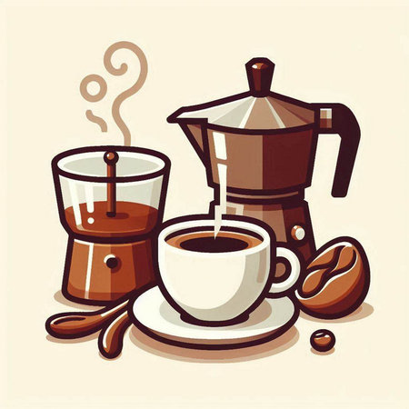 Coffee maker and two cups with coffee beans. Vector illustration.のイラスト素材