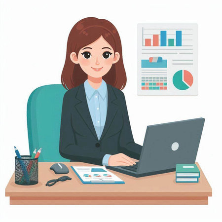 Young business woman working at office. Vector illustration in cartoon style.のイラスト素材