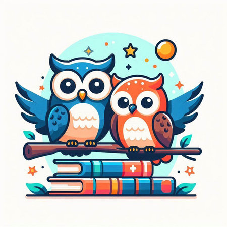 Cute owls sitting on books. Vector illustration in cartoon style.のイラスト素材