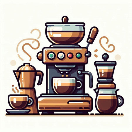 Coffee machine with cups of coffee. Vector illustration in flat style.のイラスト素材