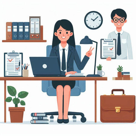 Business woman sitting on the desk with laptop and documents, vector illustrationのイラスト素材