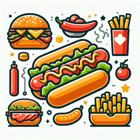 Fast food icon set in line art style. Vector illustration of hamburger, hot dog, french fries, ketchup, mustard, ketchupnnaise, hot dog and tomato.のイラスト素材