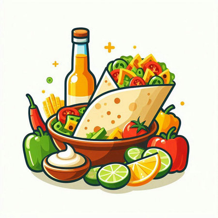 Mexican food vector illustration. Nachos, guacamole, tortilla chips, chili pepper, lime, tomato, olive oil.のイラスト素材