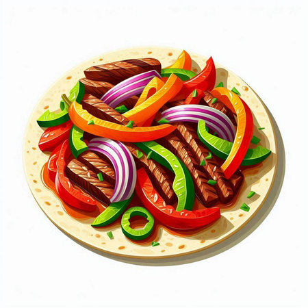 Illustration of a tortilla dish with beef and vegetables on a white backgroundのイラスト素材
