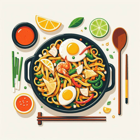 Chinese noodles with vegetables and egg in a frying pan. Vector illustration.のイラスト素材