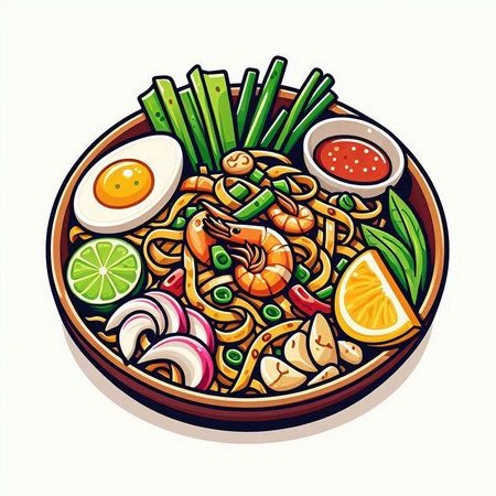 Illustration of japanese noodle with shrimps and vegetablesのイラスト素材