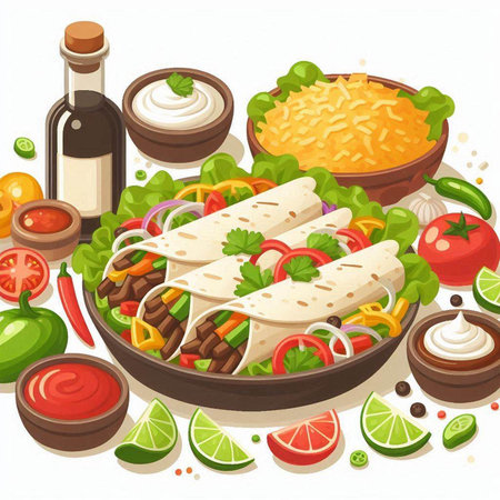 Mexican food vector illustration, traditional mexican tacos with vegetables and sauceのイラスト素材